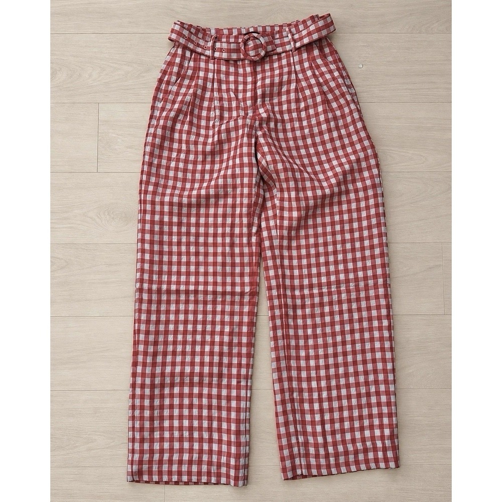 J.Crew Wide Leg Pants Womens 00 Red Orange White Gingham Drapey Belted